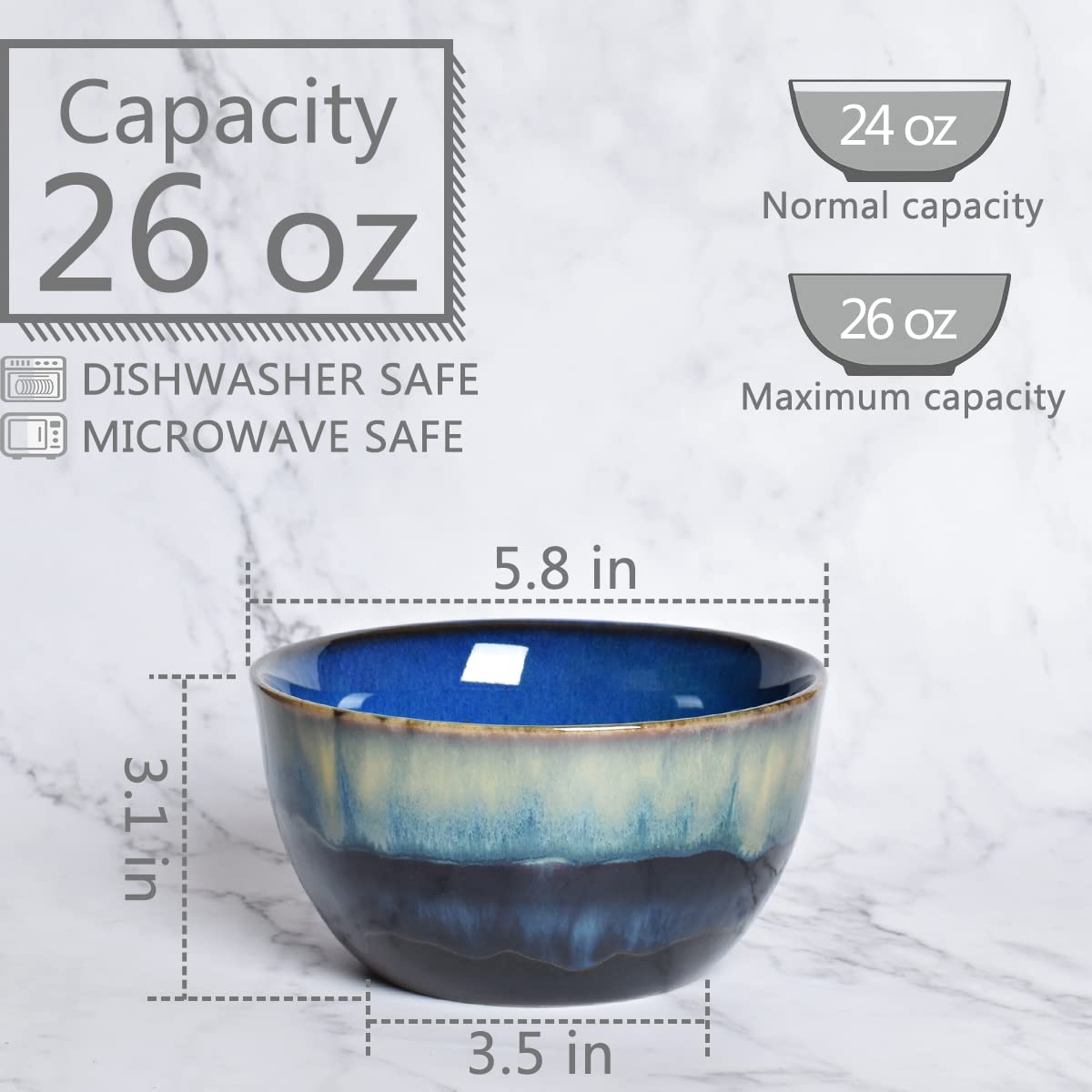 Blue Stoneware Cereal Bowls Set of 4, 26 Oz J453076