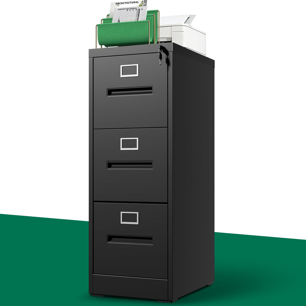 Black 3 Drawer Metal File Cabinet with Lock X54530