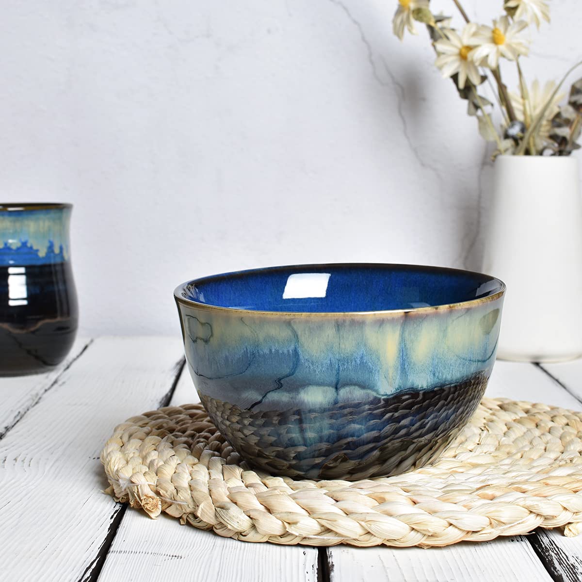 Blue Stoneware Cereal Bowls Set of 4, 26 Oz J453076