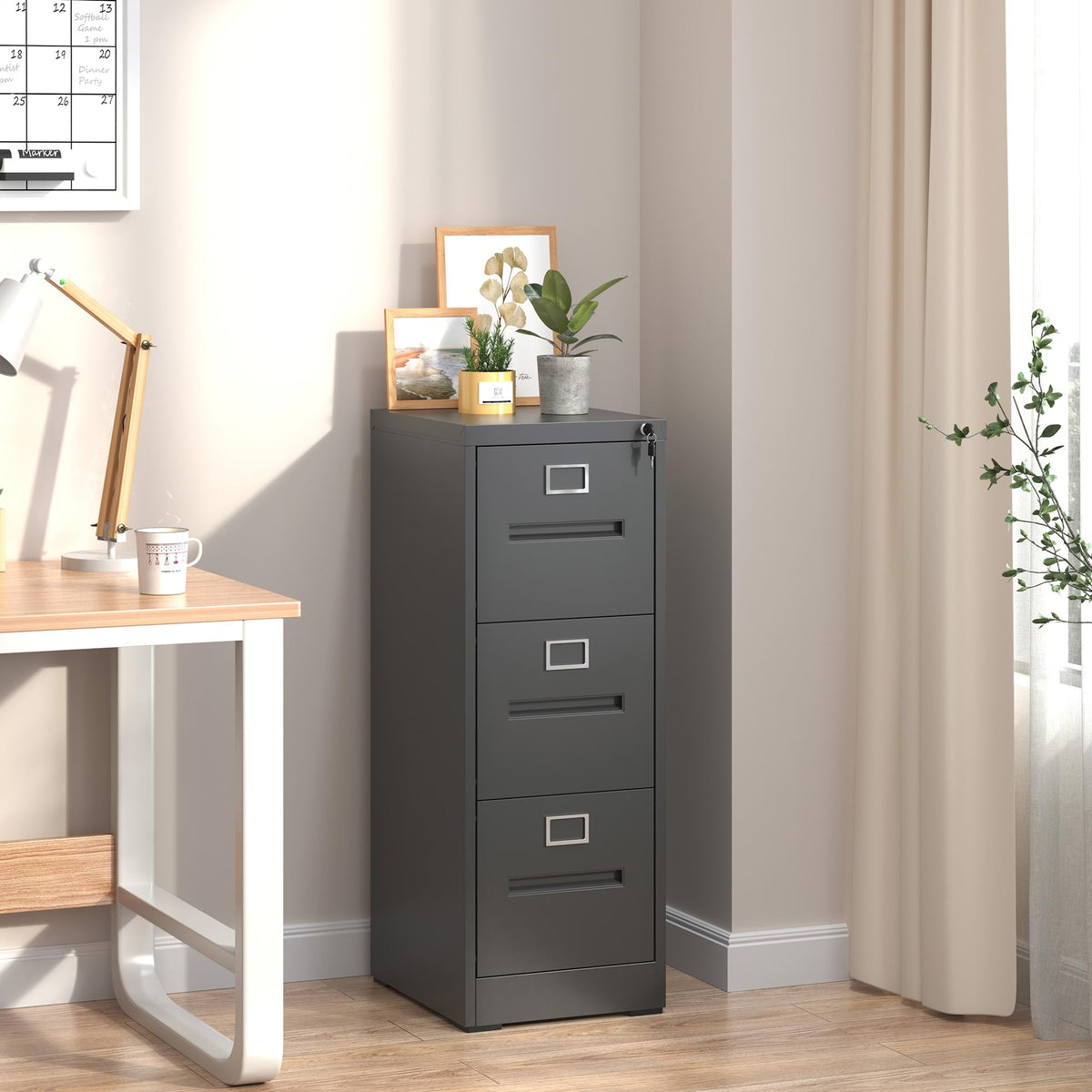 Black 3 Drawer Metal File Cabinet with Lock X54530