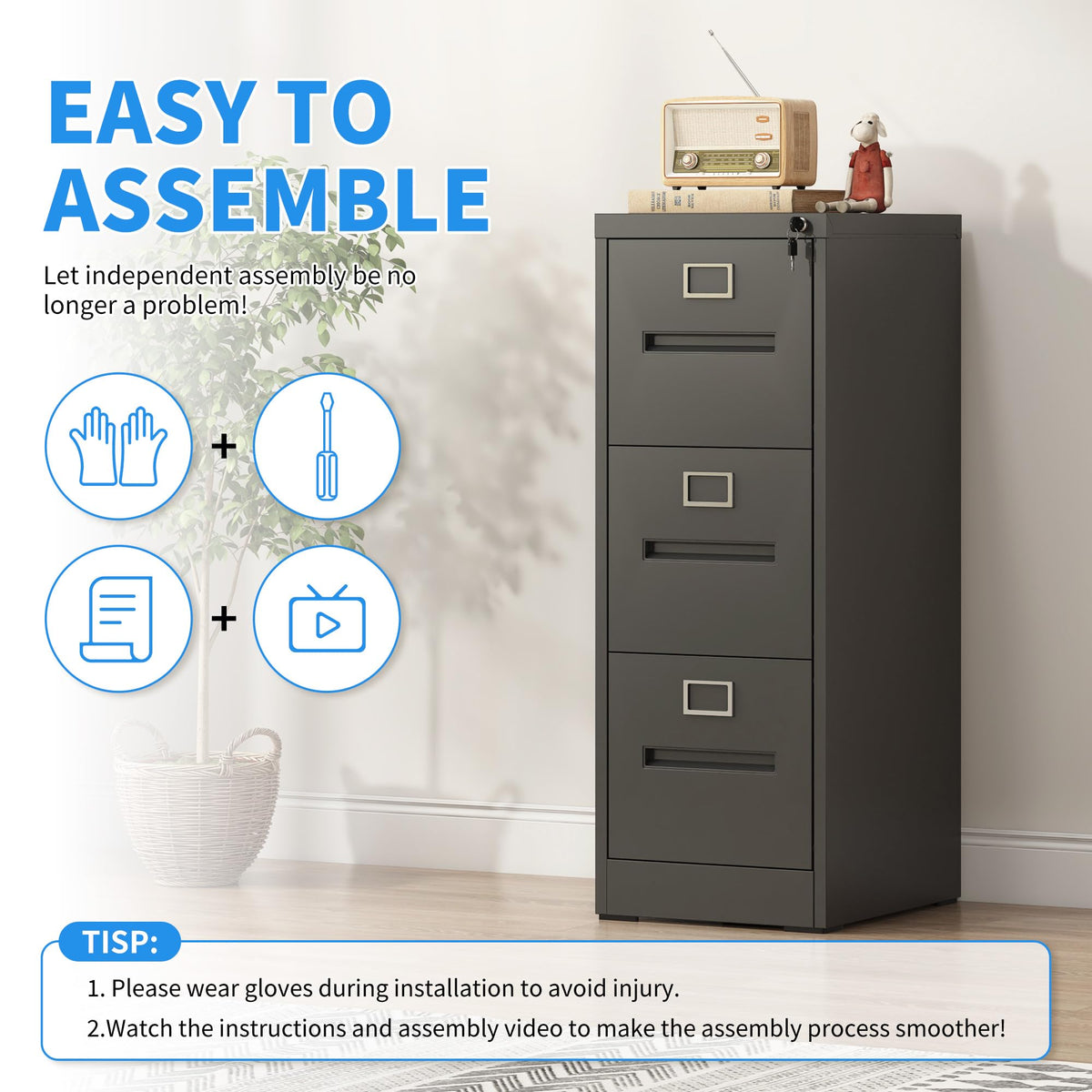 Black 3 Drawer Metal File Cabinet with Lock X54530