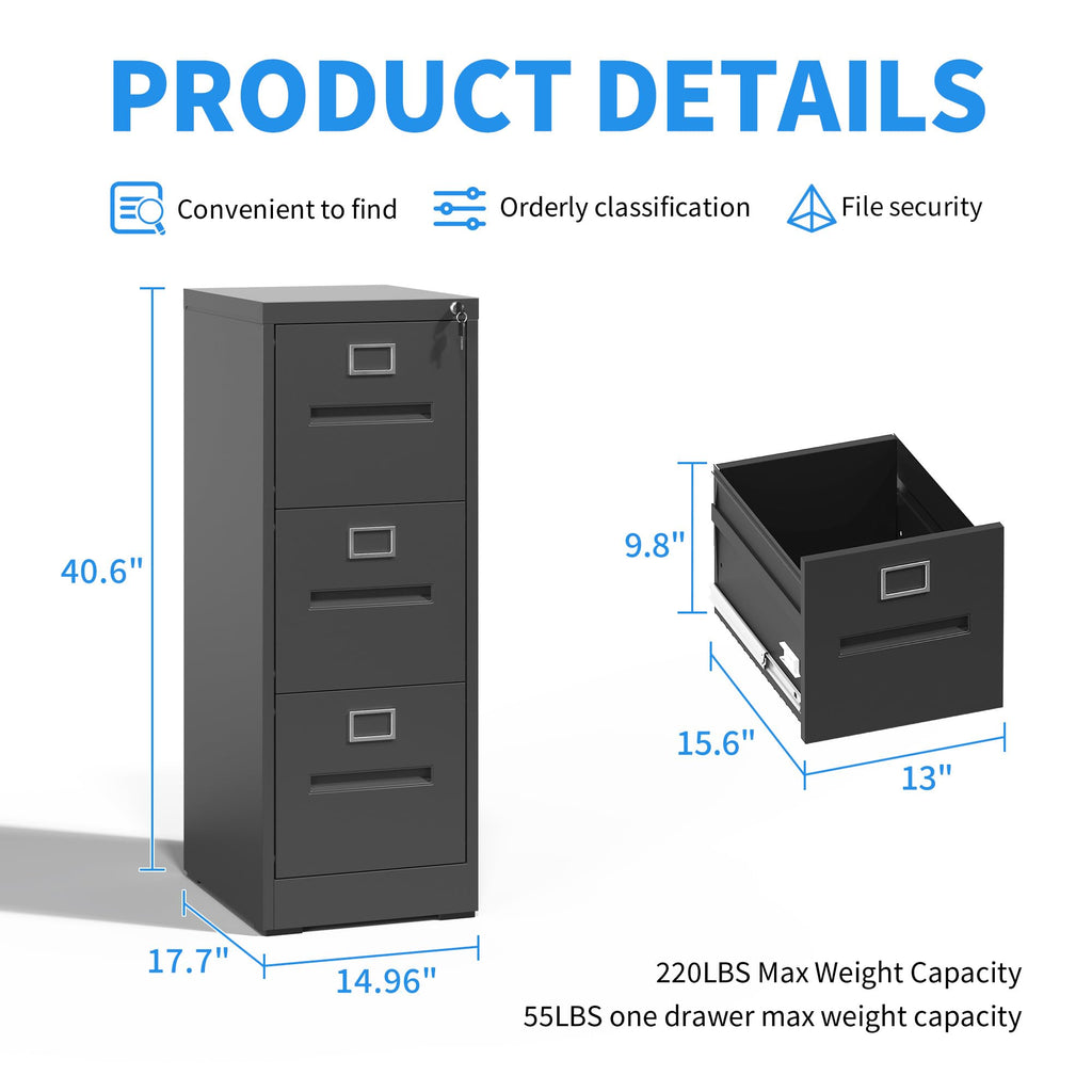 Black 3 Drawer Metal File Cabinet with Lock X54530