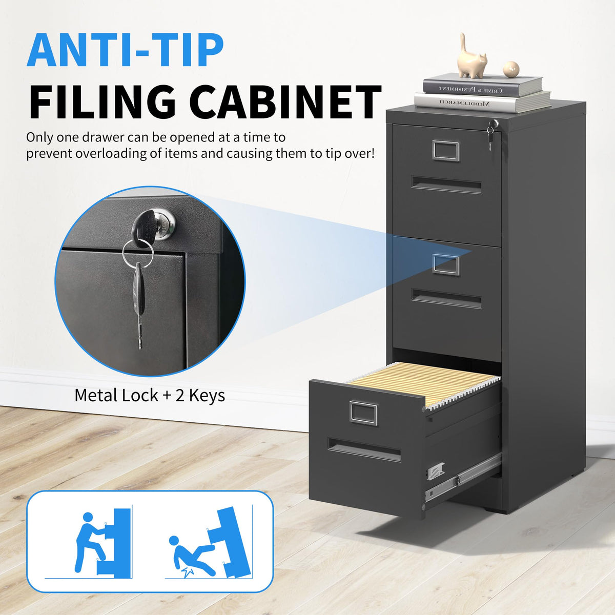 Black 3 Drawer Metal File Cabinet with Lock X54530