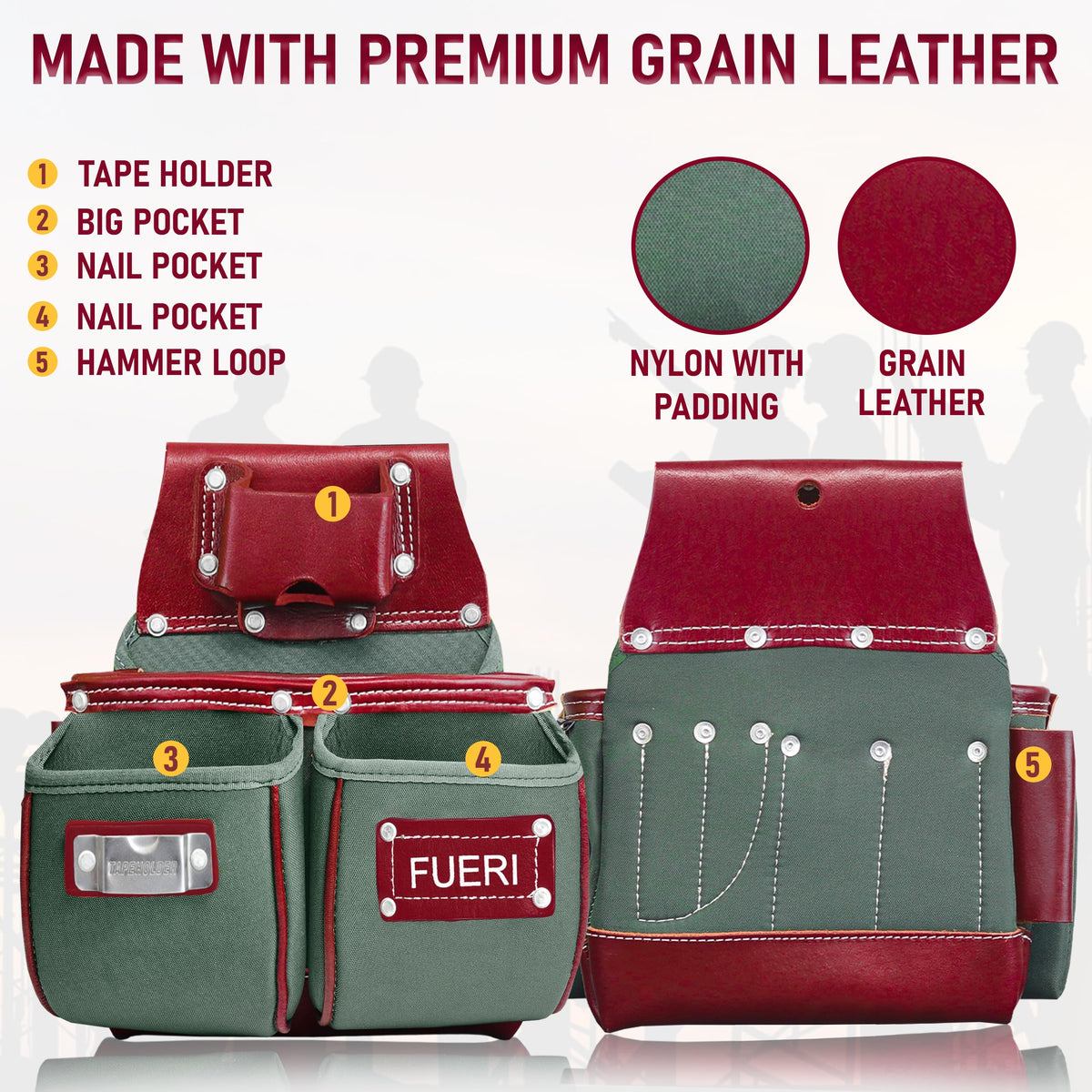 Nylon Grain Leather Carpenter Tool Belt with Padded Belt and Hammer Holder K19246