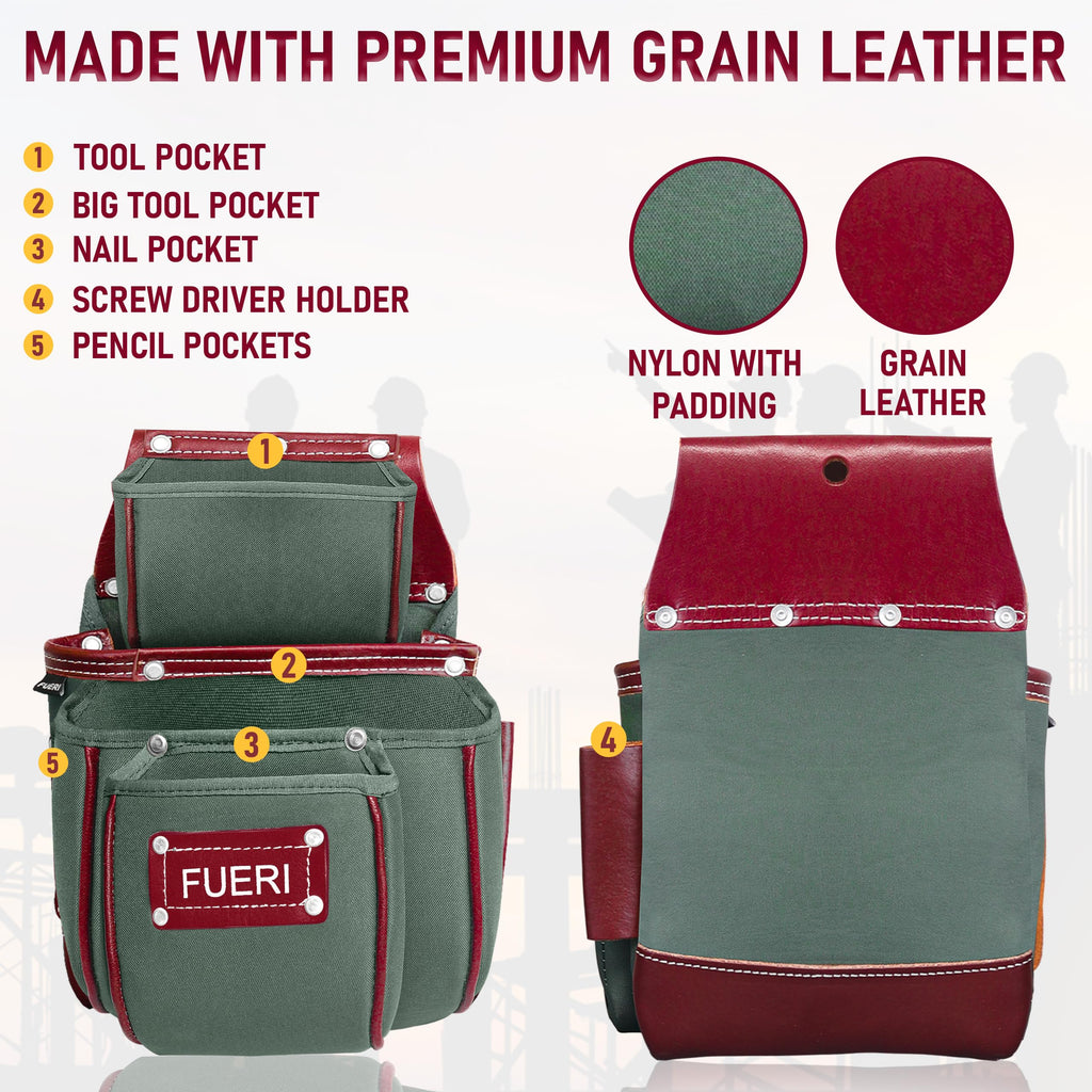 Nylon Grain Leather Carpenter Tool Belt with Padded Belt and Hammer Holder K19246
